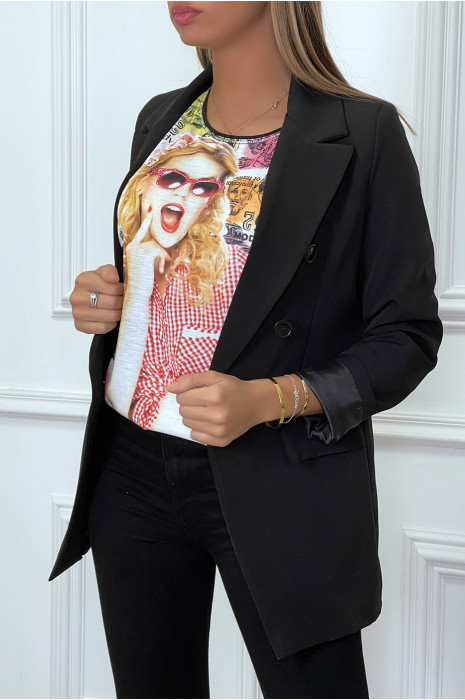 Zwart t-shirt met ruitjesmotief en strass motief - 3