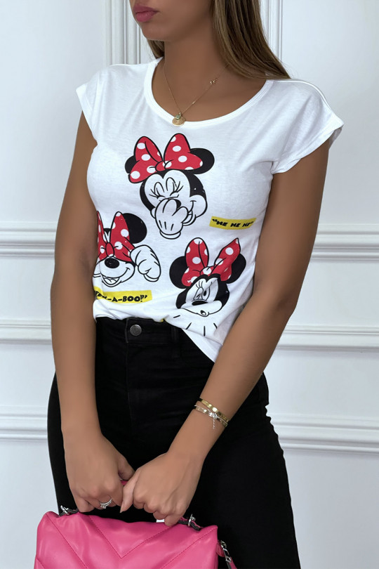 T-shirt blanc à motif personnage dessin animé et noeuds rouges - 1