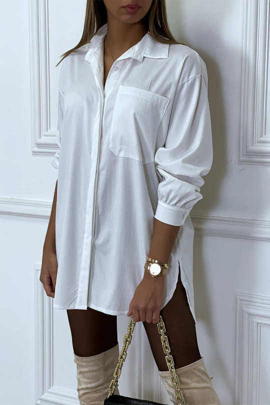 Robe chemise blanche à manches longues et poche - 3