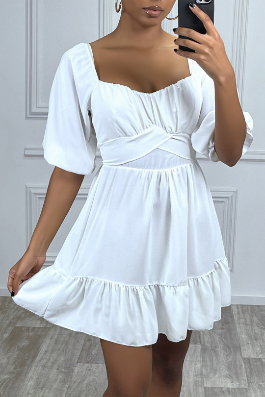 White dress with bardot collar and ruffle - 1