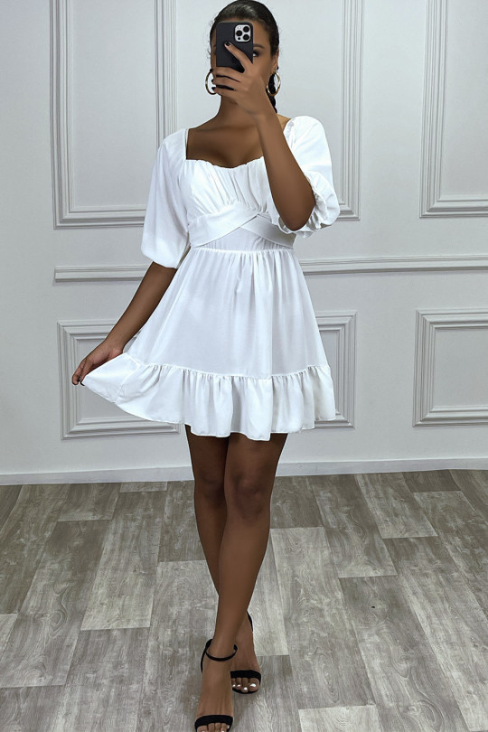 Witte jurk met bardotkraag en ruche - 2