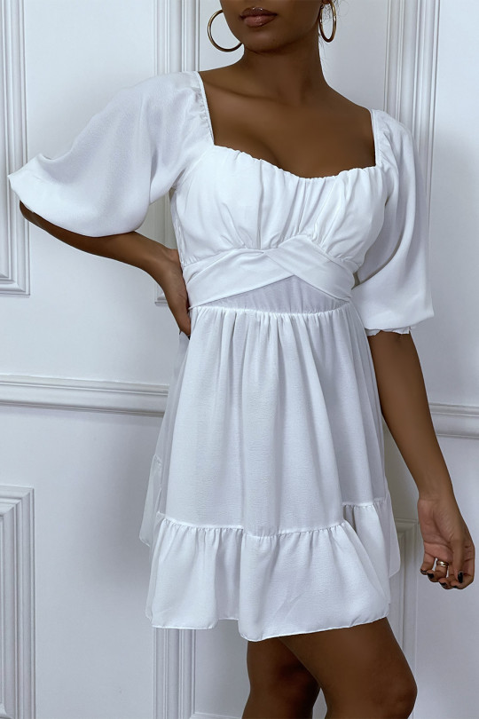 White dress with bardot collar and ruffle - 3