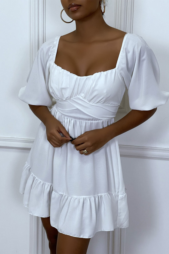 White dress with bardot collar and ruffle - 4