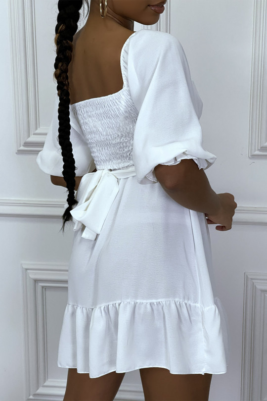 Witte jurk met bardotkraag en ruche - 5