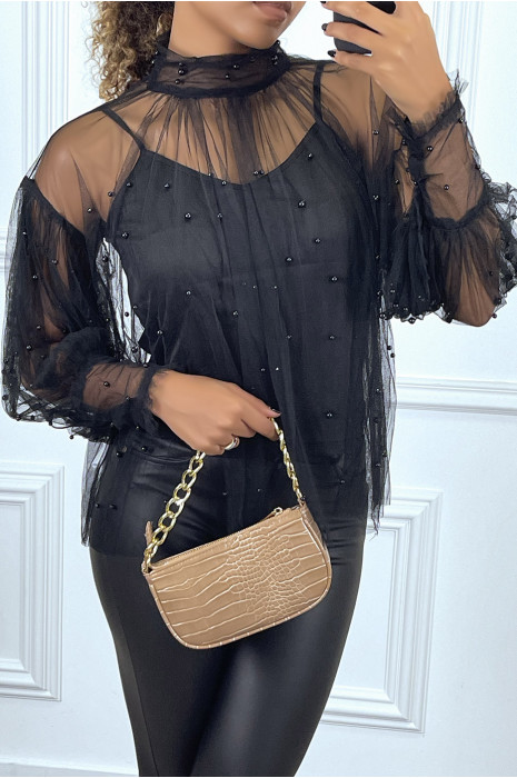 Black high neck pearl sheer tulle blouse - 2