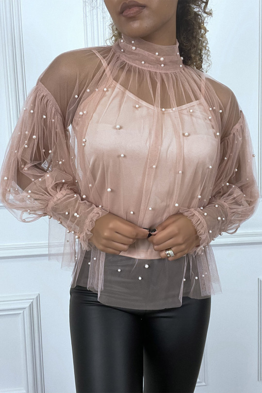 Pink high neck pearl sheer tulle blouse - 1
