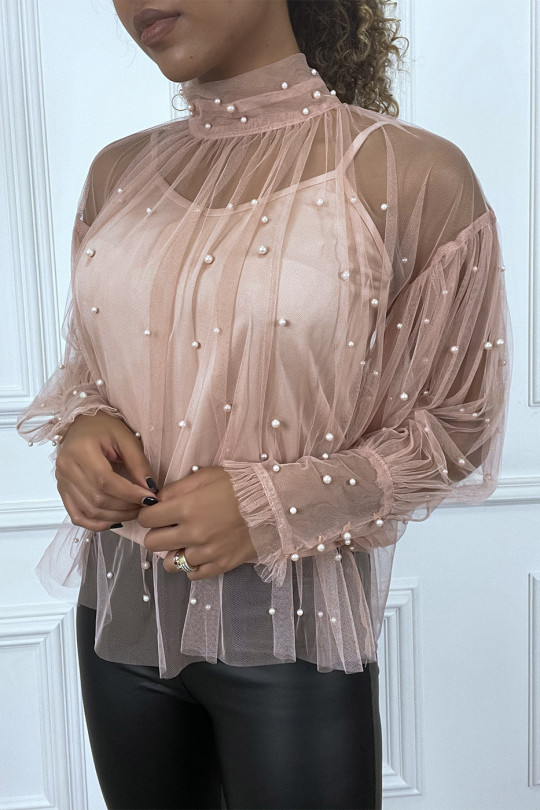 Pink high neck pearl sheer tulle blouse - 3