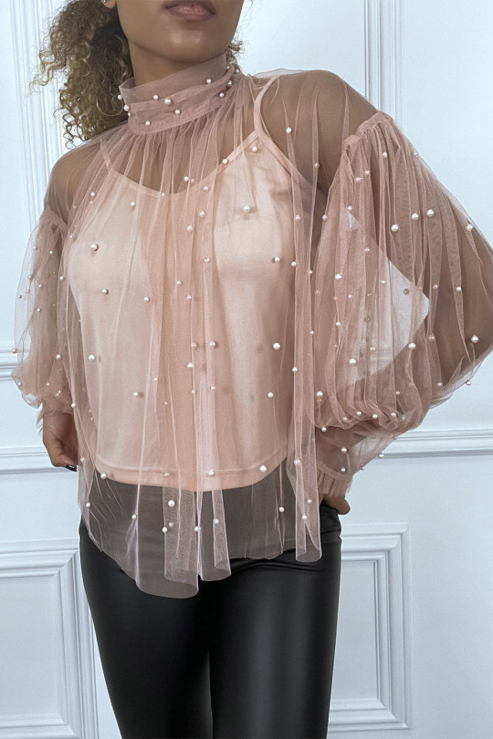 Pink high neck pearl sheer tulle blouse - 4