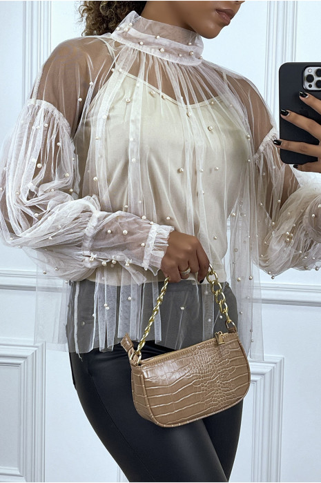 Blouse beige en tulle transparent perlé à col haut - 3