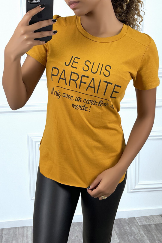T-shirt moutarde asymétrique à inscription - 1