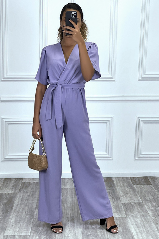 Purple palazzo pants jumpsuit with heart wrap in sheer fabric - 4