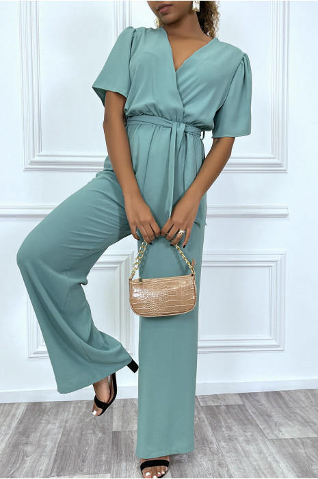 Combinaison pantalon palazzo vert d'eau cache coeur en voilage - 4