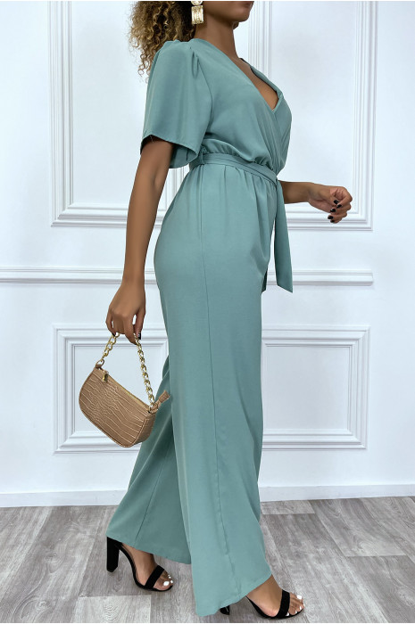 Combinaison pantalon palazzo vert d'eau cache coeur en voilage - 5