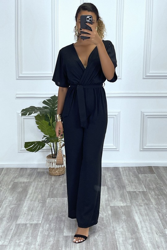 Black palazzo jumpsuit with heart wrap in sheer fabric - 1