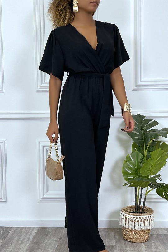 Black palazzo jumpsuit with heart wrap in sheer fabric - 5