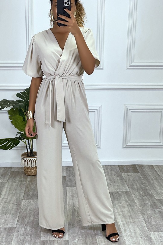Beige palazzo pants jumpsuit with heart wrap in sheer fabric - 1