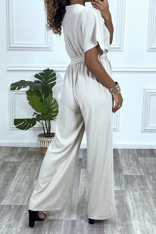 Beige palazzo pants jumpsuit with heart wrap in sheer fabric - 2