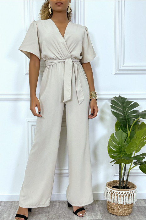 CoBCinaison pantalon palazzo beige cache coeur en voilage - 5