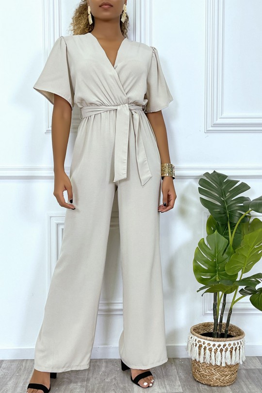 Beige palazzo pants jumpsuit with heart wrap in sheer fabric - 5