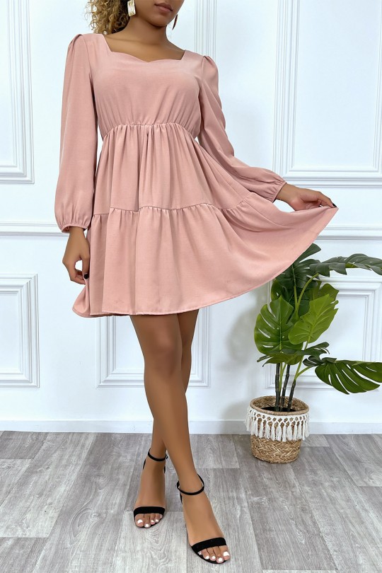 Flared pink dress with gathered heart collar on several places - 3