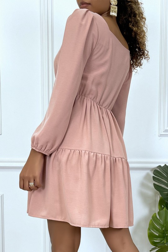 Flared pink dress with gathered heart collar on several places - 4