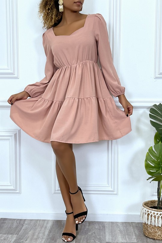 Flared pink dress with gathered heart collar on several places - 5