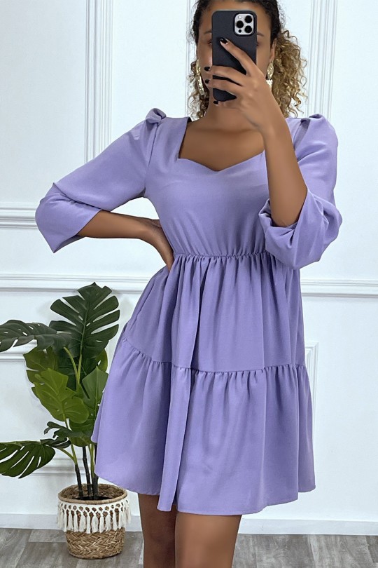 Flared purple dress with gathered heart collar in several places - 1
