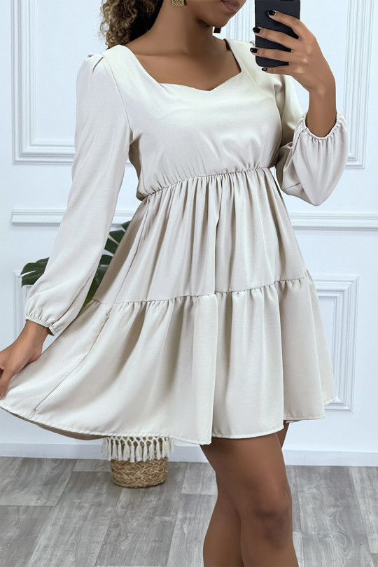 Flared beige dress with gathered heart collar in several places - 1