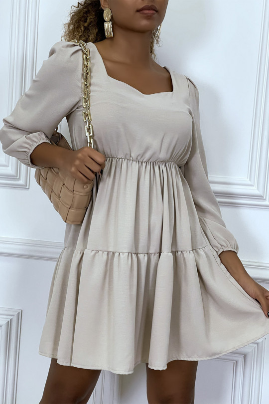 Flared beige dress with gathered heart collar in several places - 4