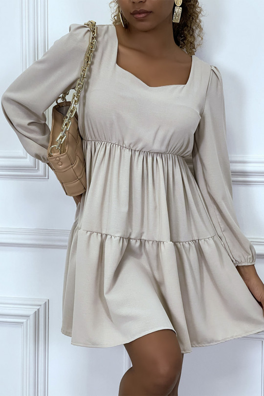 Flared beige dress with gathered heart collar in several places - 5