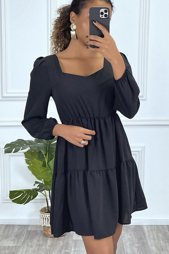 Flared black dress with gathered heart collar on several places - 1