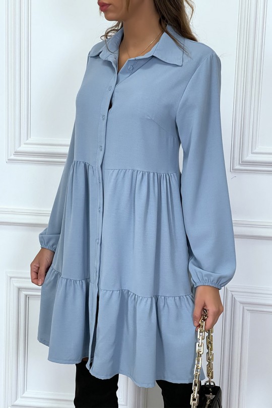 Blue shirt dress with ruffle and buttons - 1