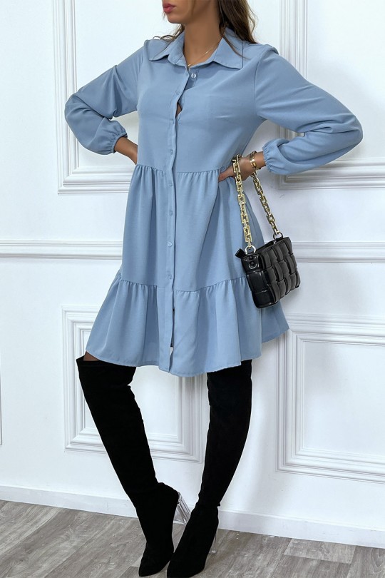 Blue shirt dress with ruffle and buttons - 2