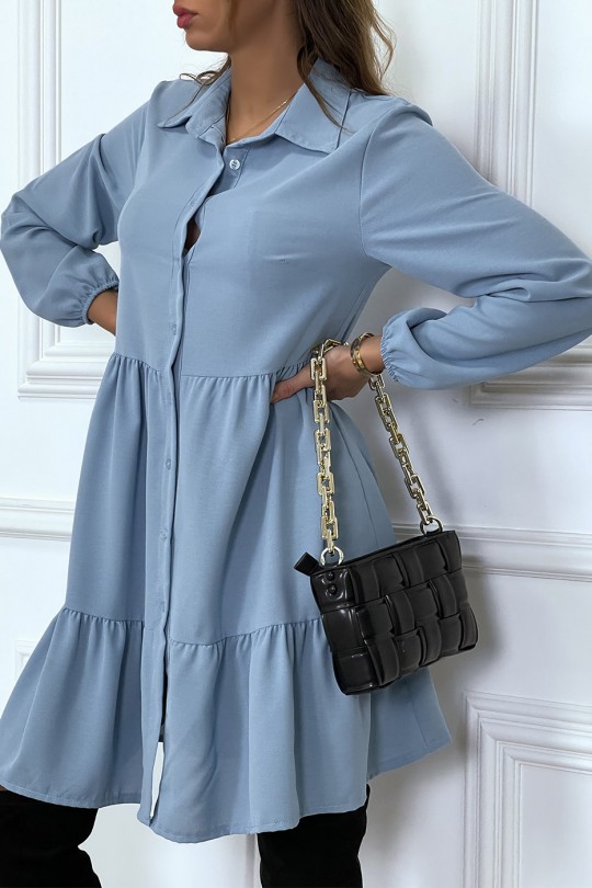 Blue shirt dress with ruffle and buttons - 3