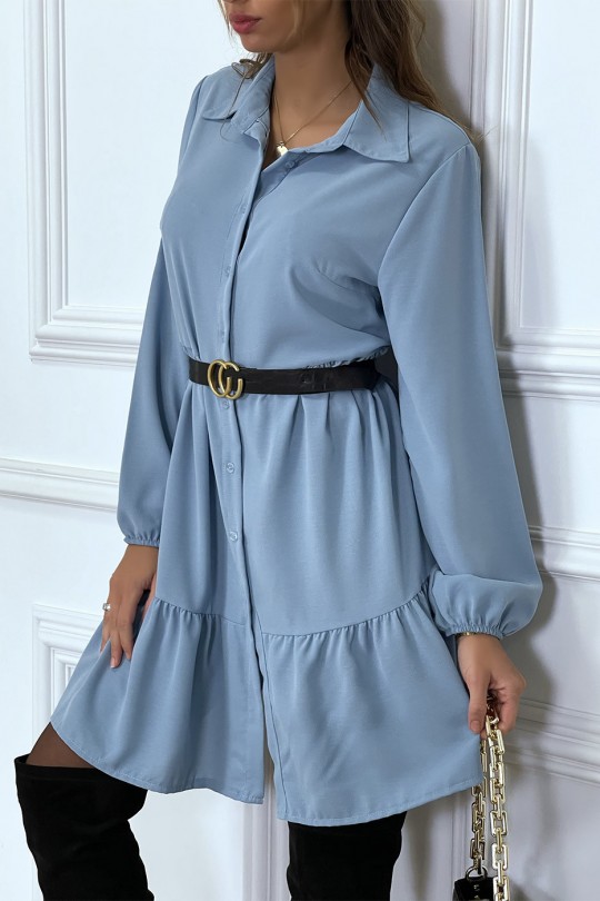 Blue shirt dress with ruffle and buttons - 4