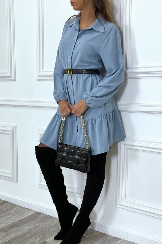 Blue shirt dress with ruffle and buttons - 7