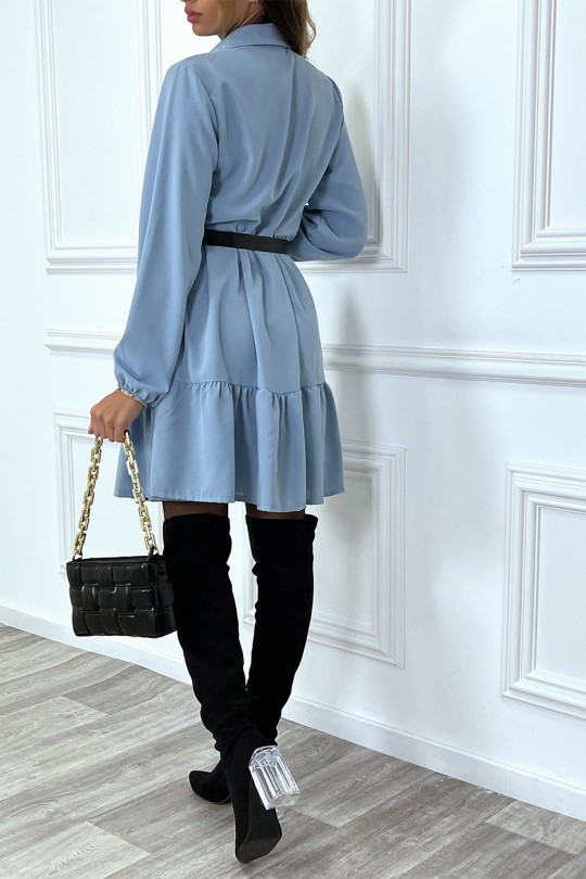 Blue shirt dress with ruffle and buttons - 8