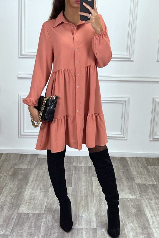 Coral shirt dress with ruffle and buttons - 1