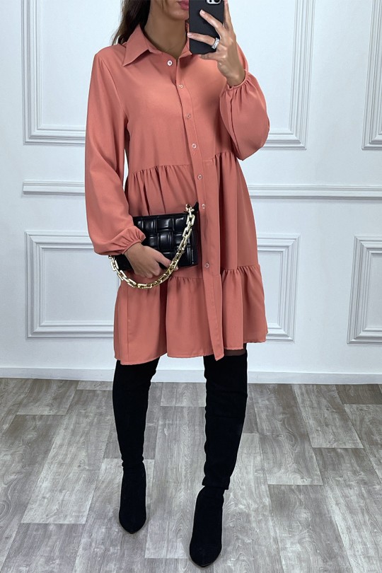 Coral shirt dress with ruffle and buttons - 2