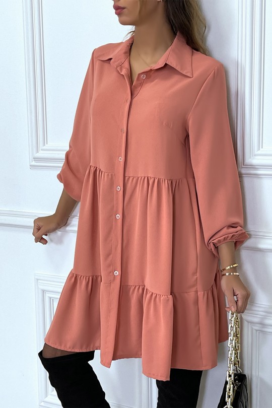 Coral shirt dress with ruffle and buttons - 3