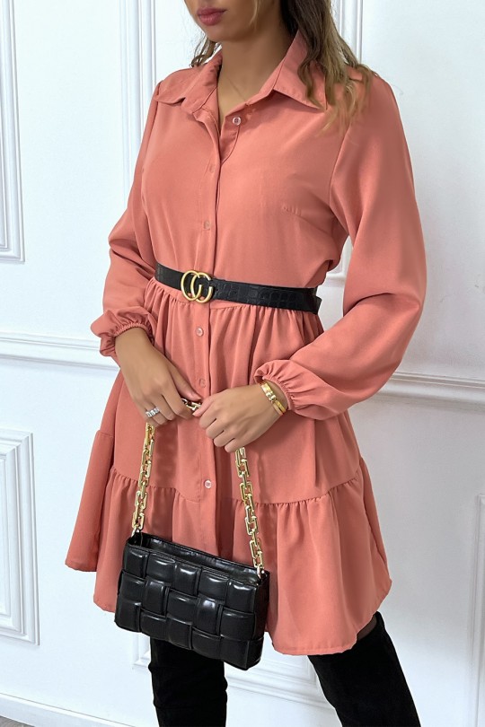 Coral shirt dress with ruffle and buttons - 4