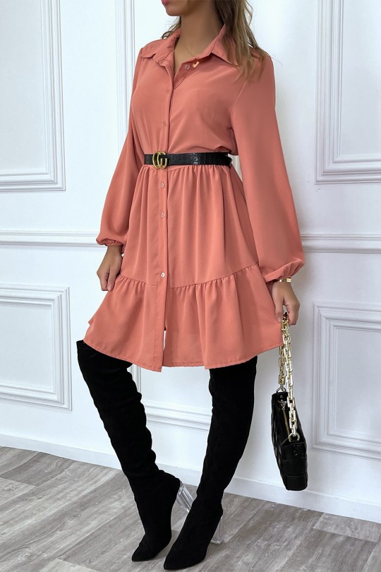 Coral shirt dress with ruffle and buttons - 5