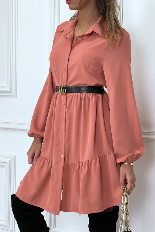 Coral shirt dress with ruffle and buttons - 6