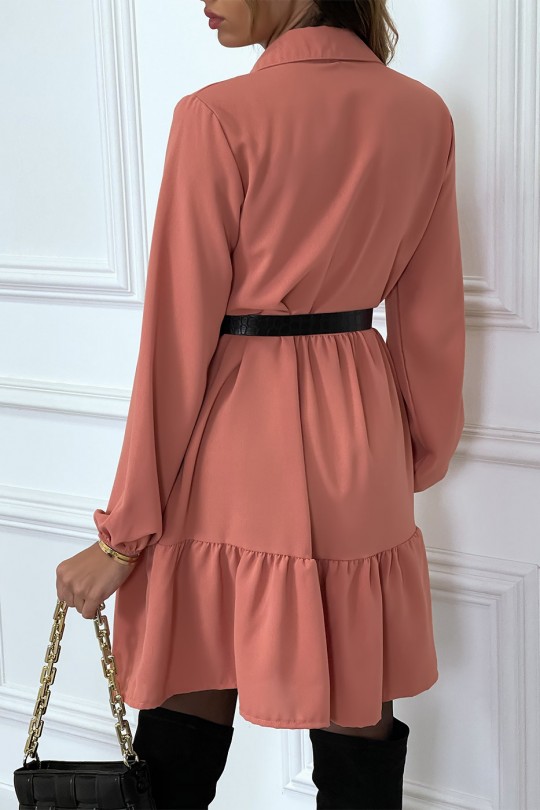Coral shirt dress with ruffle and buttons - 7