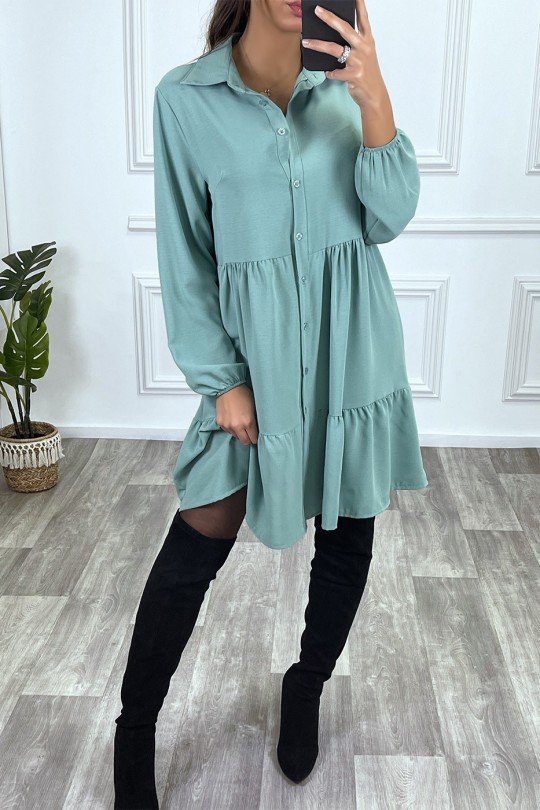 Water green shirt dress with ruffle and buttons - 1