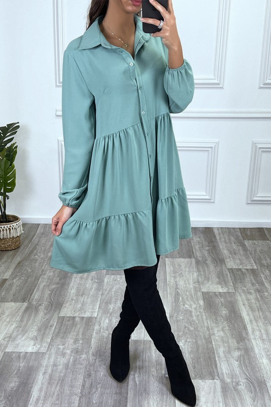 Water green shirt dress with ruffle and buttons - 3