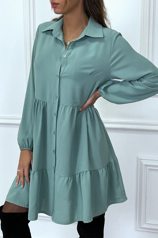 Water green shirt dress with ruffle and buttons - 4