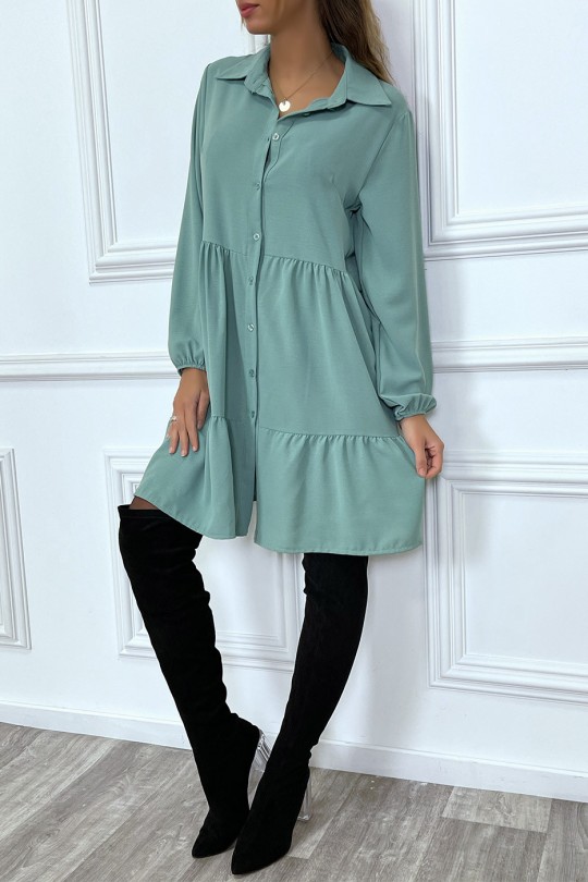 Water green shirt dress with ruffle and buttons - 6