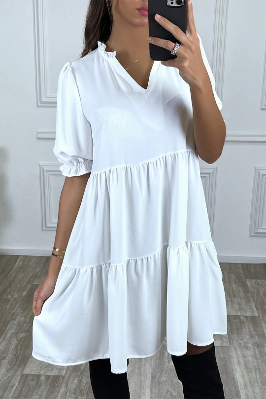 White Ruffle Short Sleeve Tunic Dress - 1