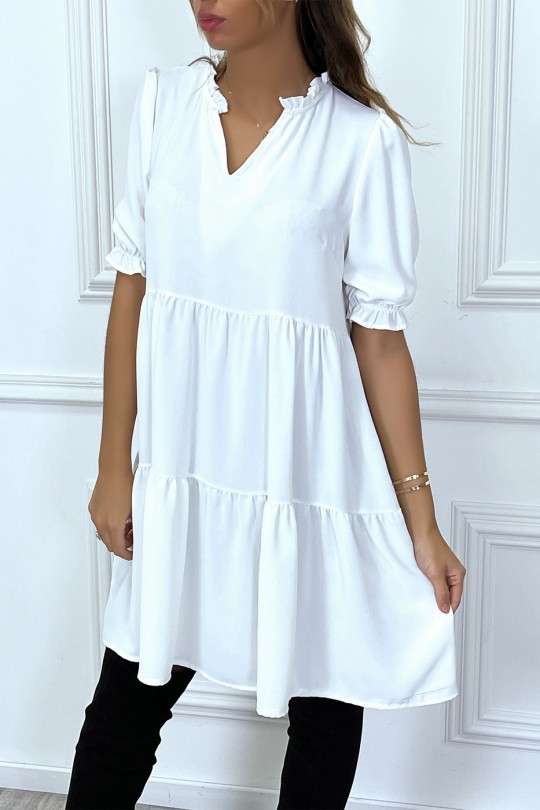 White Ruffle Short Sleeve Tunic Dress - 3